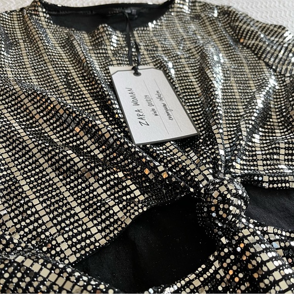 NWT Zara Black Sequins Mirror Cutout Cocktail Mini Dress - Picture 3 of 9